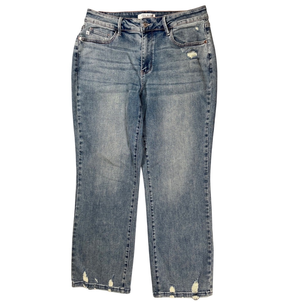 Judy Blue Straight Fit Jeans Women 14W Blue Distressed Medium Wash Denim Stretch